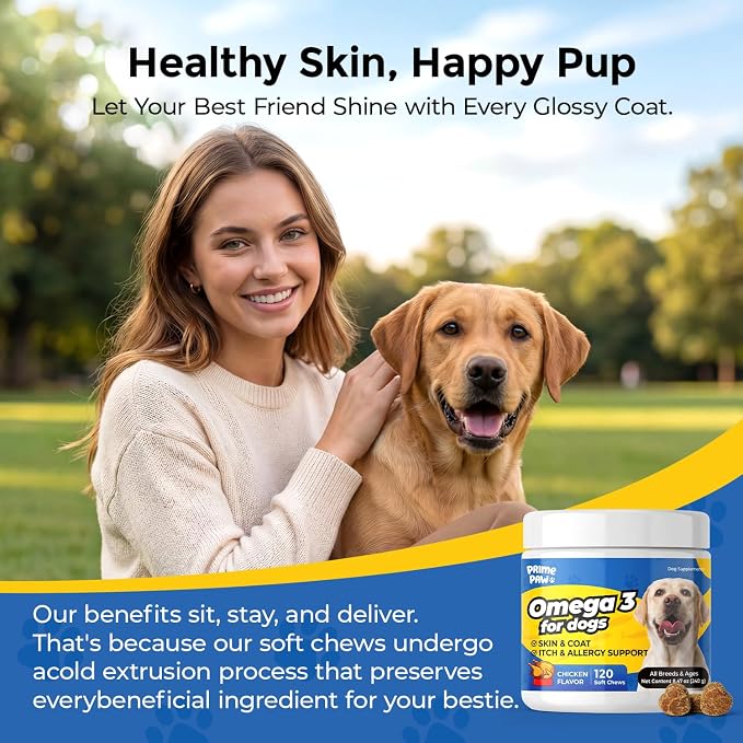 Omega-3 Skin & Coat Soft Chews for Dogs -120 Count, 2-Month Supply -Salmon Oil + Krill + Flaxseed with Turmeric & Green Tea -Itch Relief, Shedding Control & Healthy Coat for All Breeds