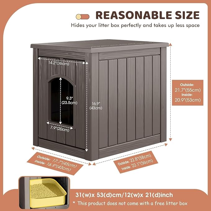 Cat Litter Box Enclosure, Weatherproof Multi-Use Resin Hidden Litter Cabinet, Indoor Outdoor Anti-Scratch Pet Litter Box Furniture, Tool-Free Assembly & Easy Clean, Gray