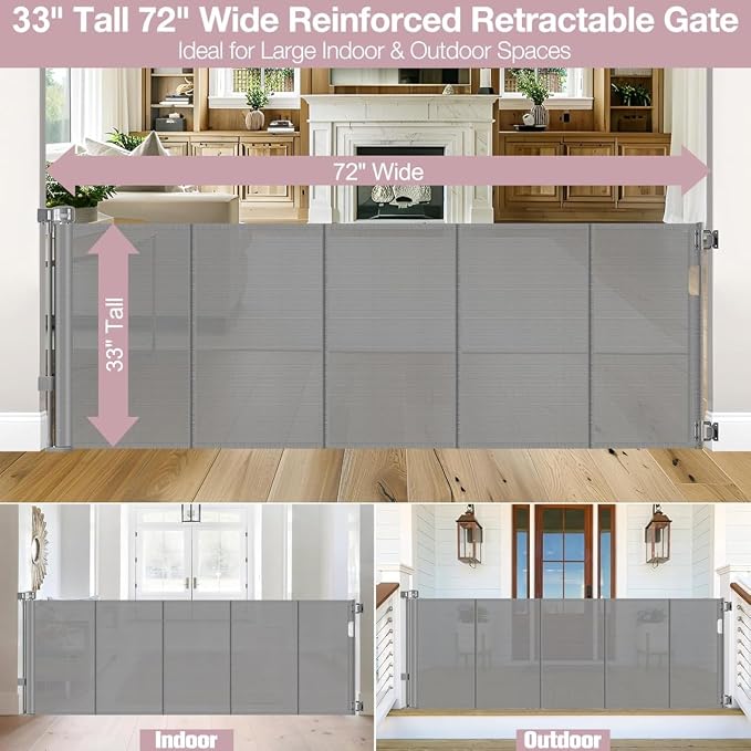Reinforced 72" Wide Retractable Dog Gate with Support Rods - Prevent Crawling Under Extra Wide Baby Gate Retractable Gate Outdoor, Retractable Pet Gate Long Dog Gate, Mesh Gates for Kids or Pets, Gray