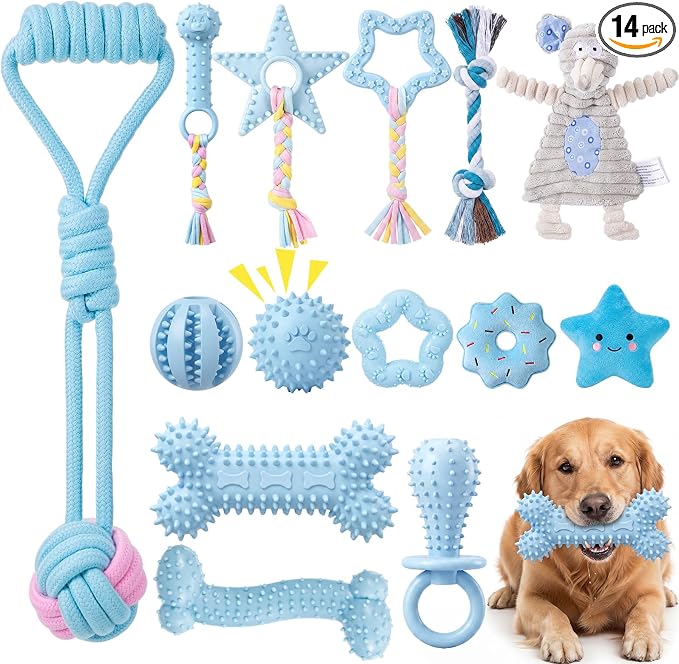 Leitee 14 Pcs Puppy Toys for Teething Dog Chew Toys for Small Dogs Soft Interactive Squeaky Plush Balls Doggy Teeth Tug of War and Rope for Small Dogs Puppy (Classic,Blue)