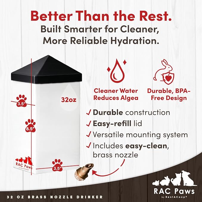 RAC Paws by RentACoop 32oz (1 Liter) Small Animal Drinker with No-Drip Brass Nozzle - Suitable for Small Pets, Bunnies, Hamsters, Guinea Pigs, Hedgehogs, Rabbits, Chinchillas, Mice and Rats
