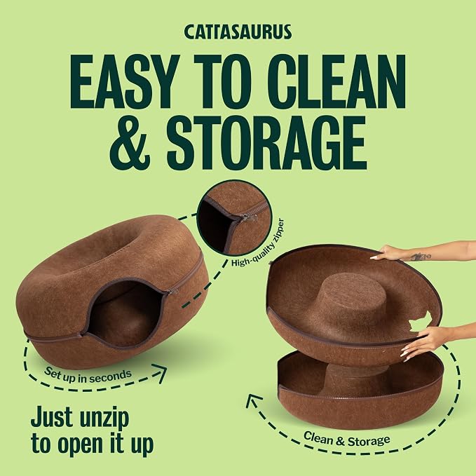 Cattasaurus Peekaboo Cat Cave Donut for Multiple & Large Cats up to 30-45 lbs, 3-in-1 Self Warming Cat Bed, Tunnel & Scratcher for Indoor Cats, Washable & Detachable Small Dog Bed (Brown, Large)