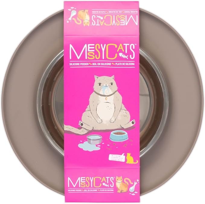 Messy Cats Single Silicone Feeder with Stainless Saucer Shaped Bowl | Anti-Slip Non-Skid Cat Food Bowl | One Cat Bowl in Feeding/Water Station | 1.75 Cups (Grey)