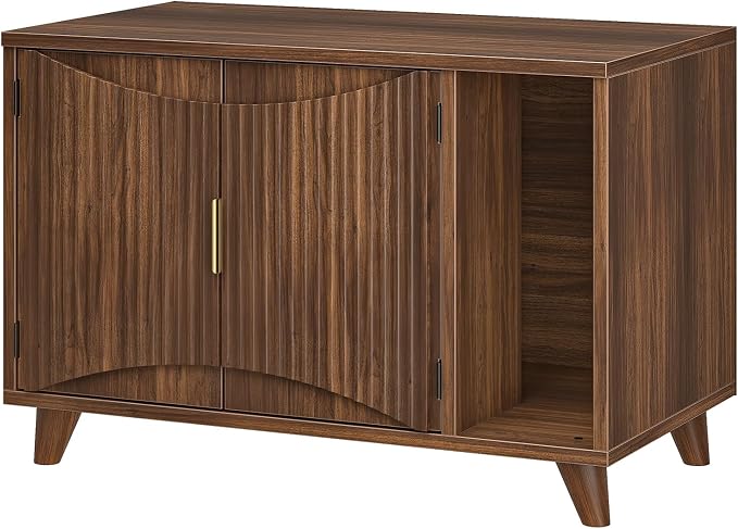 HOOBRO Cat Litter Box Enclosure, 31.5" Hidden Litter Box Furniture with Wave-Patterned Door & Side Entrance, Litter Box Cabinet with Raised Wooden Legs, Living Room End Side Table, Walnut WL28MW01