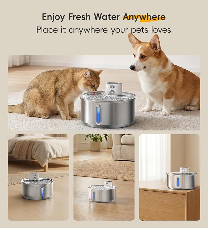 Stainless Steel Cat Water Fountain, 186fl.oz/1.45Gal Wireless Dog Water Fountain Battery Operated, Pet Water Dispenser Cordless for Cats & Dogs Indoor