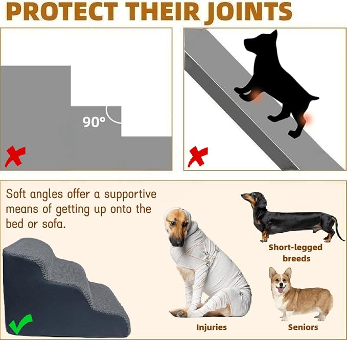 Dog Stairs & Pet Ramp for Small/Large Dogs to High Beds/Couches - 5 Steps 24-inch Height for 18-30 inch Furniture, 2 Washable Covers (Brown, Grey), Non-Slip Balanced 33D Design for Old Dogs & Cats