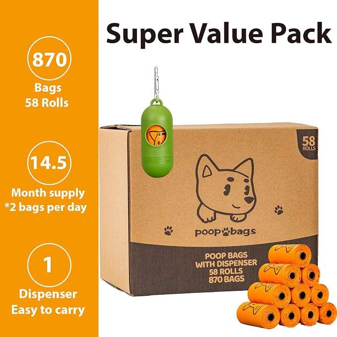 Scented Dog Poop Bags With Dispenser, Strong and Leak-proof Waste Bags for Pets, 870 Count (58 Packs of 15), 13 Inch x 9 Inch (Orange)