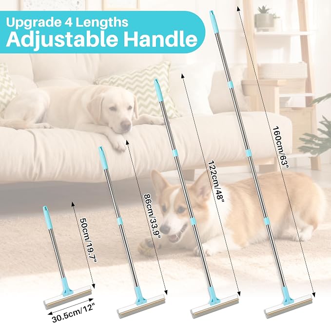 JOYMOOP Carpet Rake for Pet Hair Removal, 63" Adjustable Long Handle Pet Hair Removal Tool, Cat Dog Hair Carpet Rake with Metal and Silicone Scraper for Carpet, Sofa, Cloth