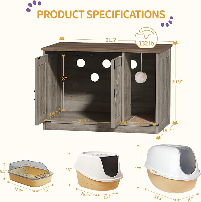 Hzuaneri Cat Litter Box Enclosure, Hidden Litter Box Cabinet Furniture with Bell, Indoor Cat House, Farmhouse Style, 31.5 x 19.7 x 20.9Inches, for Hallway, Bedroom, Light Ivory and Brown CB82405X