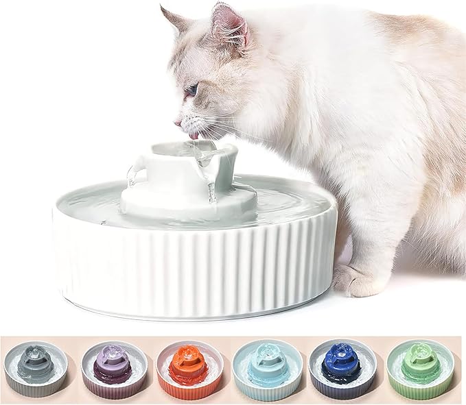 Ceramic Cat Water Fountain with 9 Filters 3 Sponge Cats Tower Water Dispenser 2.1L/71.02oz Dog Water Bowl Dispenser Cat Fountain for Cats Indoor Ultra Quiet Pump Pets Water Bottle Light Blue