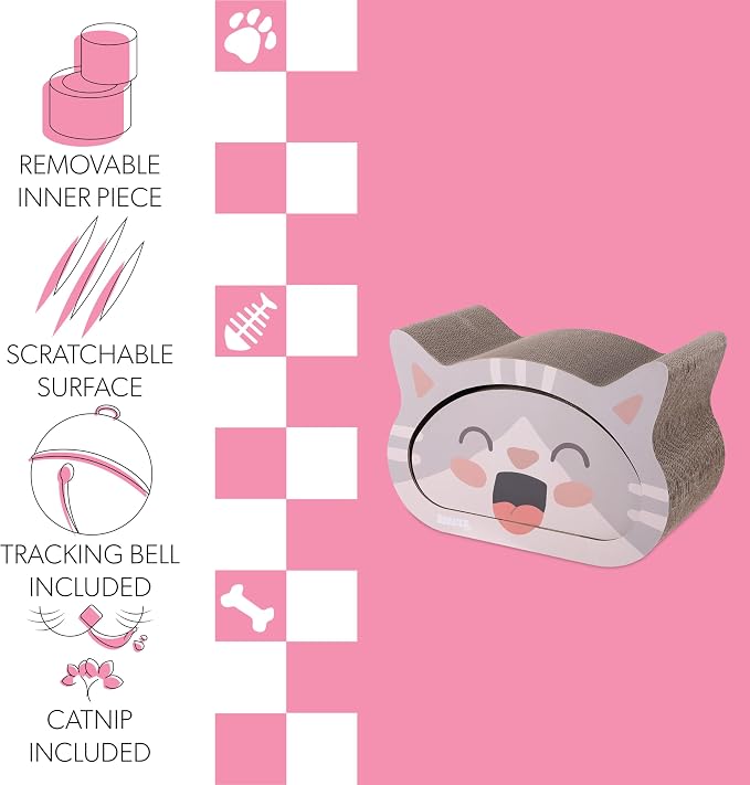 CSR1000A Opal 19" Modern Cardboard Happy Cat Head 2-in-1 Cat Cave Scratcher with Built-in Bell Toys and Catnip, Muted Pink/Cream