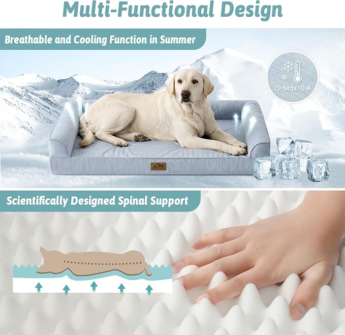 COZY KISS Cooling Dog Bed for Large Dogs, 42"x30" Orthopedic Foam Sofa with Bolster Sides, Q-Max >0.4 Cooling Technology, Cool Pet Bed with Removable Washable Cover, Blue