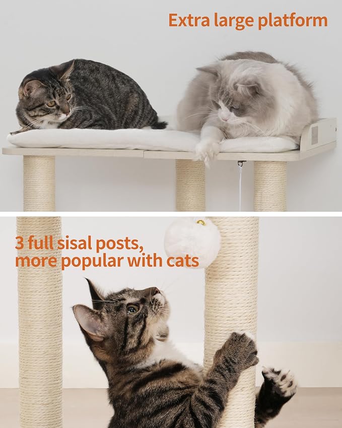 FourFurPets 26.7in Large Cat Tree Tower Condo, Cat Scratch Posts for Indoor Cats, Big Plate, Three 23.6in Full Sisal Scratching Posts, White