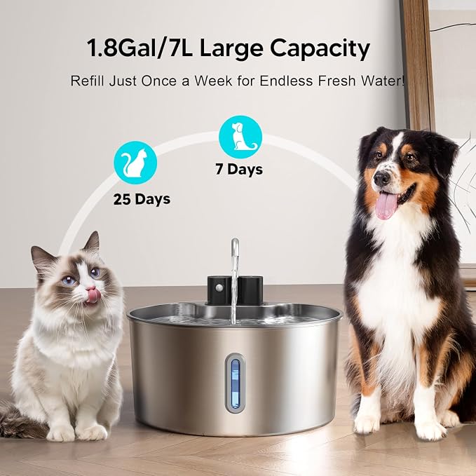 Voluas Dog Water Fountain: 1.8Gal/7L Wireless Stainless Steel Dog Fountain Bowl for Small to Large Dogs, Battery Operated Pet Water Dispenser Indoor with Ultra-Quiet Pump, Easy Clean, 1 Filter