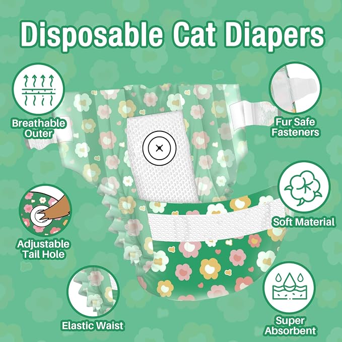 Pet Soft Disposable Cat Diapers - Diaper for Female & Male Cats, Puppy Doggie Diapers for Female Dogs with Adjustable Foam Tail Hole, XX-Small (24Pcs, Green)