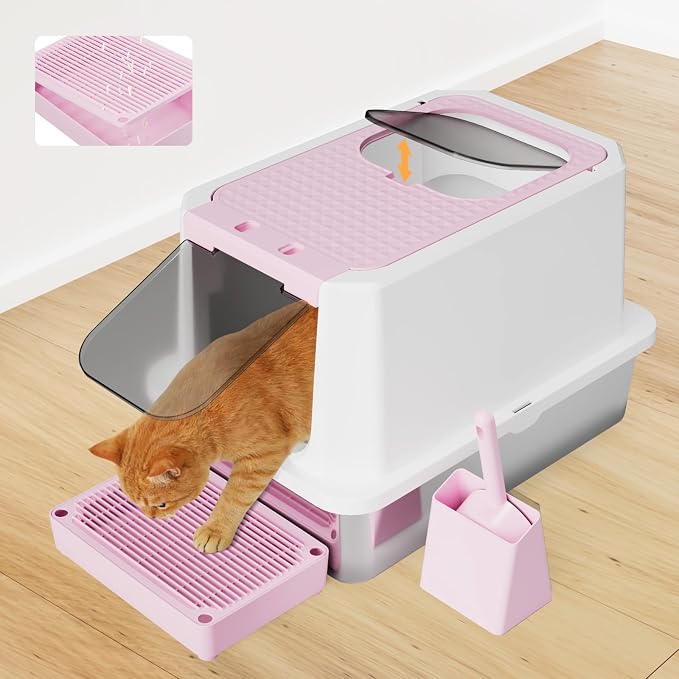 RIZZARI Large Enclosed Stainless Steel Cat Litter Box – Top & Front Entry, High-Sided Anti-Tracking Non-Stick Pan with Odor Control for Bedrooms, Living Rooms & Indoor Spaces