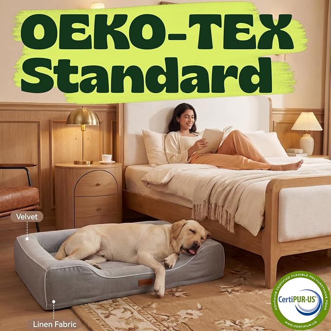 XL Orthopedic Dog Bed for Large Dogs Cooling Gel Memory Foam & Egg Crate Foam,Waterproof Removable Washable Cover with Bolster Sides,42.0"X30.0"X9.0" Grey