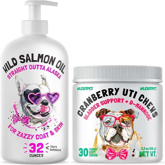 Cranberry UTI Chews for Dogs Bladder Support + D-Mannose Supports Kidney Urinary Tract 30 Chews and Wild Alaskan Salmon Oil for Dogs & Cats 32 oz