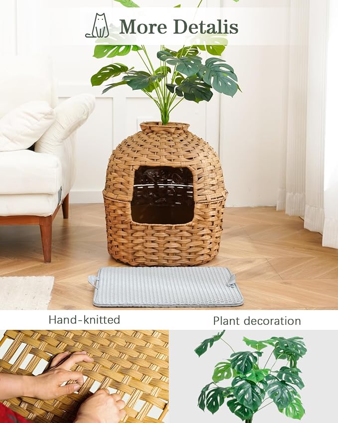 SETVSON Cat Litter Box Enclosure Plant Cat Litter Box Furniture with Artificial Plants, Large Hidden Handwoven Rattan with One Mat, Odor Control Filter, PVC Film, Real Stones, Stylish Decor, Natural
