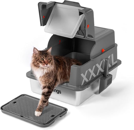 XXXXL Stainless Steel Litter Box, 28" L x 20" W x 17" H Extra Large Cat Litter Box for Maine Cat, Enclosed Metal Litter Boxes for Big Cat, Suitable Multi-Cats Families, High Sides