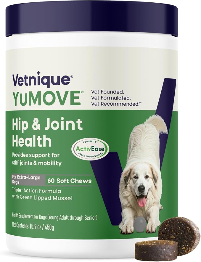 YuMOVE Hip and Joint Supplement for Dogs - Large Breed Soft Chews with ActivEase Green Lipped Mussel, Glucosamine for Dogs, Hyaluronic Acid & Omega 3-60 Chews (Large/XL Dogs)