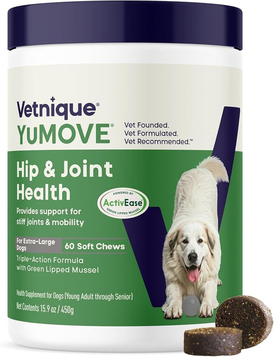 YuMOVE Hip and Joint Supplement for Dogs - Large Breed Soft Chews with ActivEase Green Lipped Mussel, Glucosamine for Dogs, Hyaluronic Acid & Omega 3-60 Chews (Large/XL Dogs)