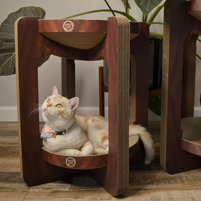 Necoichi Cat Scratcher Tower for Indoor Cats - Cat Scratching Post Lounger with Reversible Usability and Extra Comfort for Lounge, Cardboard Bed Couch / (Regular, Dark Cherry)