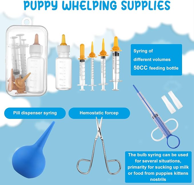 60Pcs Puppy Kitten Whelping Kit Birthing Supplies Newborn Whelping Supplies with Nursing Feeding Tube Record Charts Puppy Whelping Collars Urine Pads Gloves for Keeping Kitten Dogs Cats