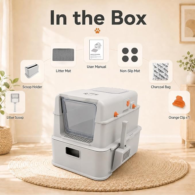 Stainless Steel Enclosed Cat Litter Box with Lid, Front & Top Entry, Drawer & Flip Cover Design, Odor Control Non-Stick Metal Litter Box, Spacious for Large Cats with Scoop and Mat,