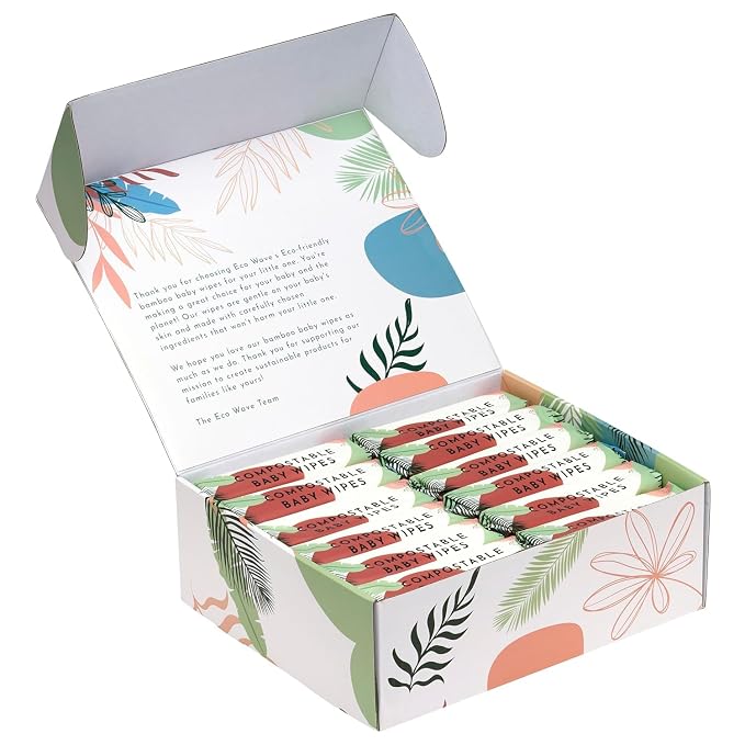 Eco Wave Baby Wipes, 100% Compostable Eco-Friendly Bamboo Wipes, Unscented, Hypoallergenic, Vegan, Alcohol-Free, Suitable For Sensitive Skin (Pack of 4)