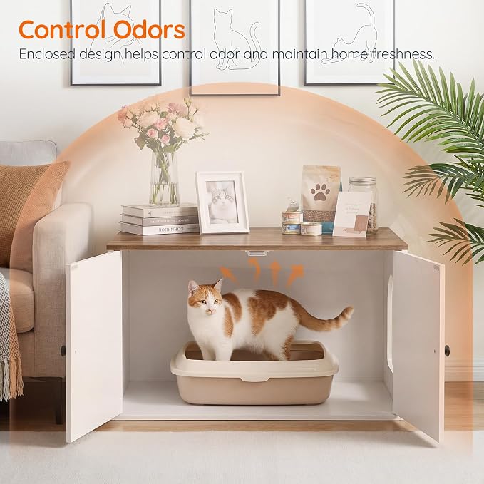 HOOBRO Cat Litter Box Enclosure, Hidden Litter Box Furniture with Side Entry, Litter Box Cabinet, Indoor Cat House, End Side Table, 31.5" L x 17.7" W x 16.3H, for Bathroom, White and Walnut WH40MW01