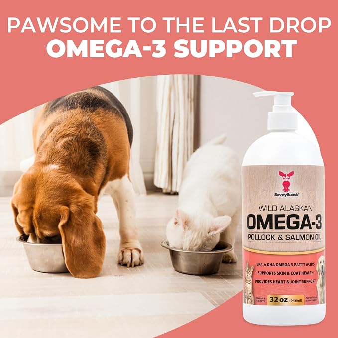 SavvyBeast Pollock & Salmon Oil for Dogs & Cats - Omega 3 Fish Oil Supplement with EPA & DHA - All-Natural Wild Caught Oil Supports Skin & Coat, Joint, Heart & Immune Health - Made in USA - 32 oz