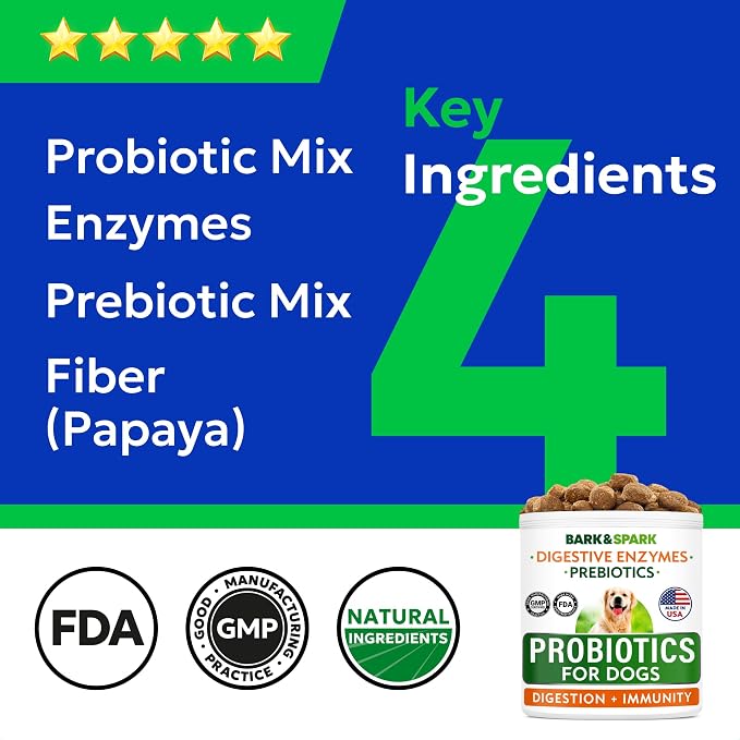 BARK&SPARK Dog Probiotics & Digestive Enzymes (Gut Health) Allergy & Itchy Skin - Pet Diarrhea Gas Treatment Upset Stomach Relief, Digestion Health Prebiotic Supplement Large Dog Treats (240Ct Bacon)