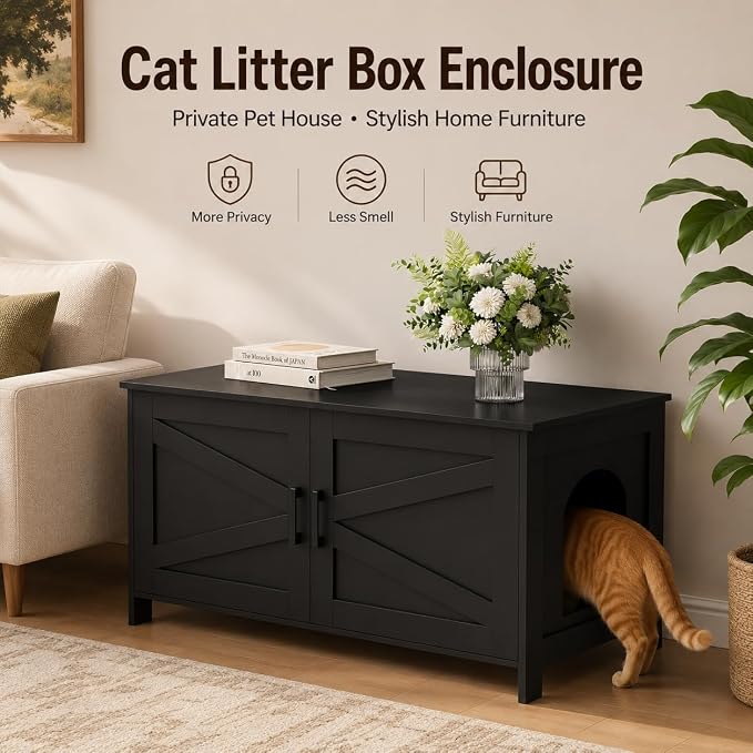 Homhedy 39.4" L Cat Litter Box Enclosure, Pet House with Barn Door, Wooden Cat Washroom Furniture,Fit Most of Litter Box, Black