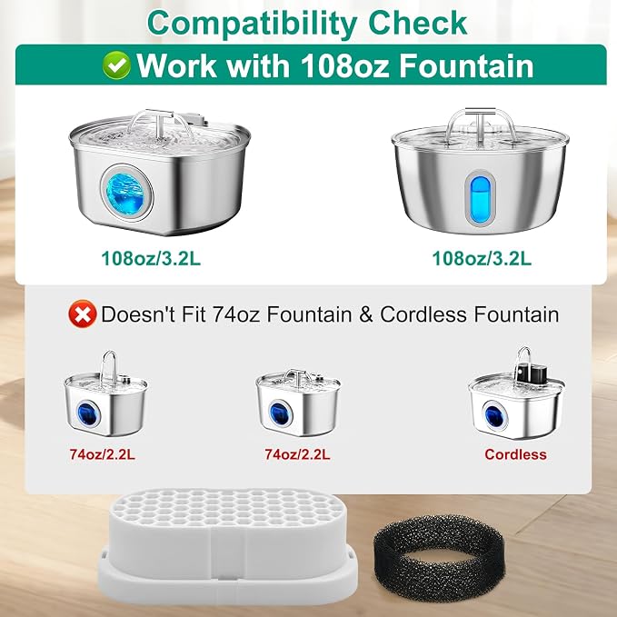 24 Pack Cat Fountain Replacement Filters Compatible with Neareal 108oz/3.2L Stainless Steel Pet Water Fountain，12 Filters & 12 Sponges neareal cat fountain replacement filters