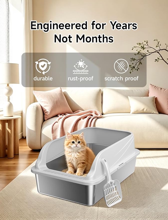 2PACK Stainless Steel Cat Litter Boxes, XL Large Metal Litter Box with High Sides Lid, Odor Free Litter Pan Include Scoop Easy Cleaning Anti-Scratch Kitty Cat Box Anti-Urine Leakage, Non-Sticky
