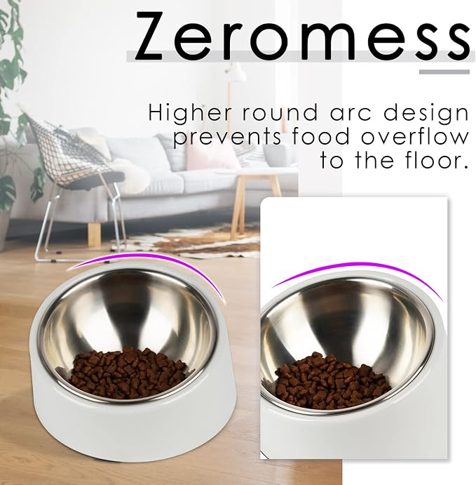 SuperDesign Mess Free 15° Slanted Bowl for Dogs and Cats, Tilted Angle Bulldog Bowl Dog Feeder, Non-Skid & Non-Spill, Easier to Reach Food S/0.5 Cup Gray
