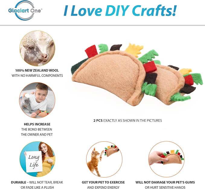 Glaciart One Felt Taco Cat Toys with Catnip | 2 Pcs Cute Cat Toy for Interaction & Boredom Relief, Encourages to Exercise, Explore & Play | Filled w/Organic Catnip to Help Sooth or Reduce Anxiety