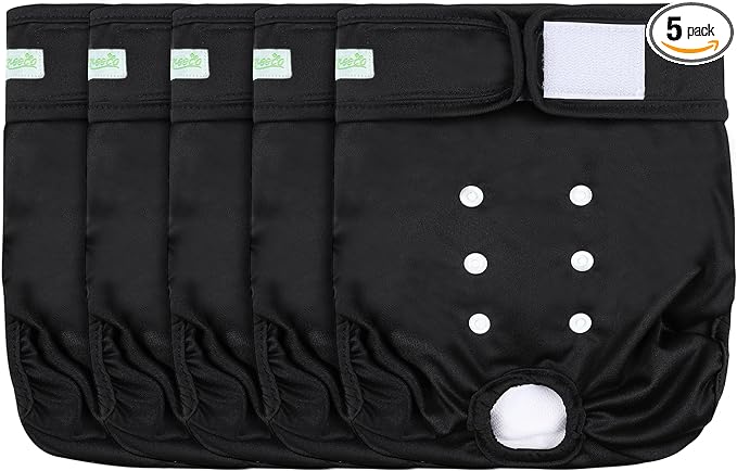 wegreeco Female Dog Diapers, Washable Reusable Pet Puppy Doggie Diapers for Small Medium Large Female Dogs in Heat Period, Doggy Period Panties, 5 Pack, Medium, Black