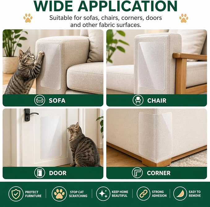 Cat Scratch Furniture Protector for Couch, 24 Pack Clear Couch Protector from Cat Claws, Self Adhesive Anti Scratch Furniture Protectors for Cats, Transparent Couch Corner Protectors, No Residue