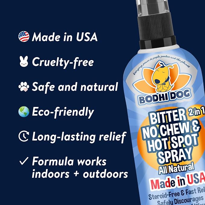 Bodhi Dog Bitter 2-in-1 No Chew & Hot Spot Spray - Natural Anti-Chew Remedy Better Than Bitter Apple - Soothes Hot Spots, Deters Chewing - Safe for Skin, Wounds & Furniture- Made in USA (8 Fl Oz)
