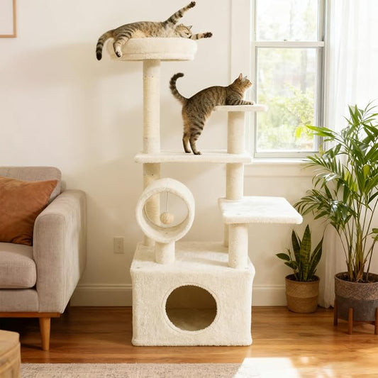 Tangkula Cat Tree Tower, 48 Inch Multi-Level Cat Tower with Large Condo, Sisal Scratching Post, Padded Top Perch, Tunnel, Hanging Ball, 3 Jumping Platforms for Indoor Cats (Beige)