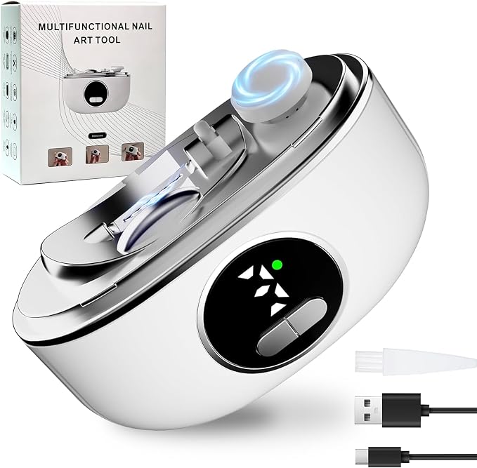 Electric Nail Clipper for Seniors & Adults - Dual-Blade 3-in-1 Automatic Nail Trimmer for Thick Nails with LED Light, Quiet 3-Speed Rechargeable Cutter with Debris Storage