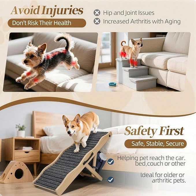 2026 Upgraded Dog Ramp for Couch & Low Bed, 33" L Folding Wood Pet Ramp 200LB Capacity, 4-Level Adjustable Height 11"-20", Non-Slip Sturdy Puppy Ramp for Small & Senior Dogs, Joint Relief, Wavy Design