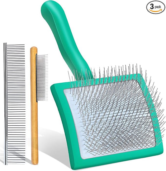 Large Slicker Brush for Dogs - 3-Piece Solid Wood Dog Grooming Kit for Doodles and Poodles - for Wavy, Curly & Matted Hair, Green
