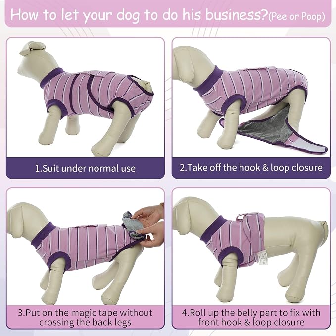 Kuoser Dog Surgery Recovery Suit, Soft Breathable Dog Recovery Suit for Female Spay Male Nueuter, Anti Licking Puppy Onesie Pet Surgical Suit for Dogs Abdominal Wounds Skin Disease, Purple Strips 2XL