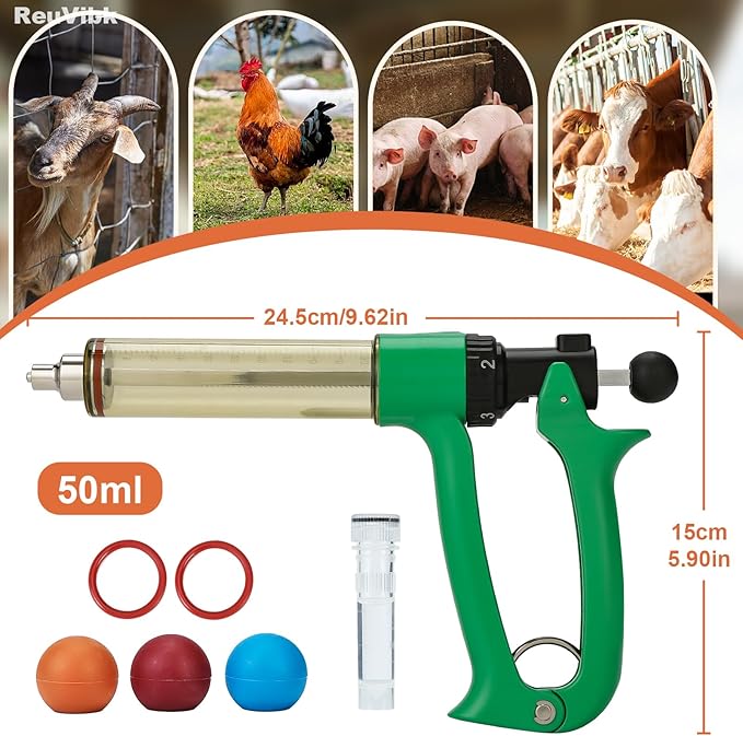 50ml Semi-Auto Repeating Livestock Syringe Gun, 5 Dose Settings | Ergonomic Grip, Clear Barrel & Luer Lock, Vet Injector for Cattle, Horses, Goats, Sheep & Pigs