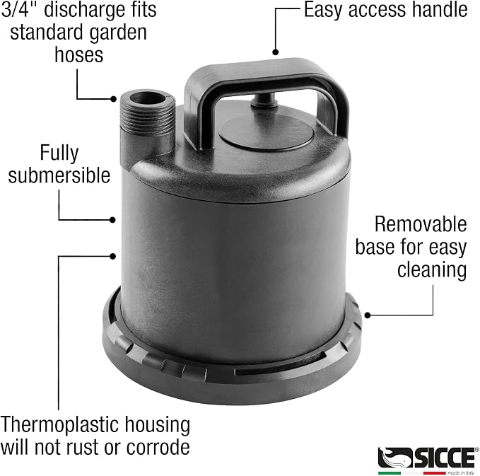 SICCE Ultra Zero 793 GPH Multi-Purpose Water Pump | Garden Hose Connection Portable Handle | Ultra Quiet Durable Aquarium Fish Tank Fountain Pond Hydroponics Terrarium Black | Freshwater & Saltwater