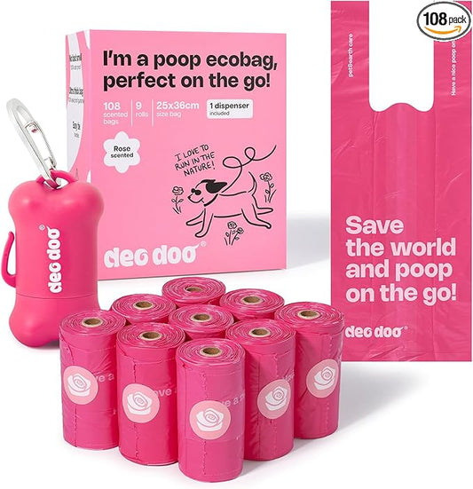 Deo Doo Dog Poop Bags with Handles 9 Rolls 108 Counts Big Sizes Leak Proof and Extra Thick Waste Bags Refill Rolls for Walking Small Medium Large Dogs Cats Litter With Holder Rose Scented