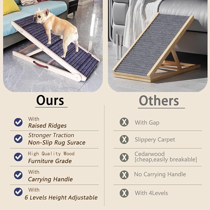 ZJSF Foldable Dog Ramp for High Bed, Wooden Dog Stairs to Bed for Small and Large Dogs, High Traction Platform with 6 Adjustable Heights (14"-30"), 48", Supports up to 230 lbs